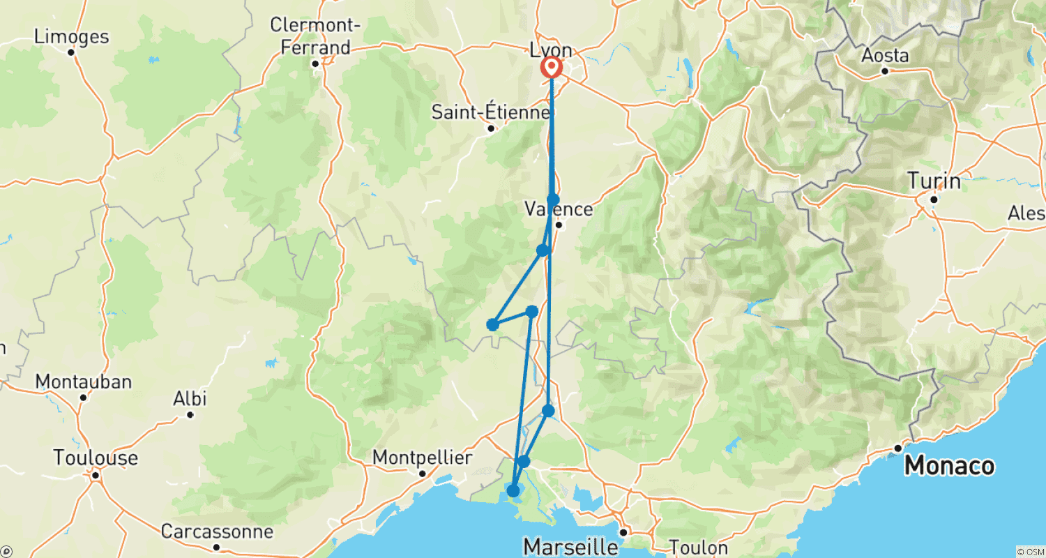 Mapa do percurso de Todos os locais imperdíveis no Ródano entre Lyon, Provença e a Camargue com um jantar no Restaurante Abbaye de Collonges de Paul Bocuse OFERECIDO (cruzeiro de porto a porto)