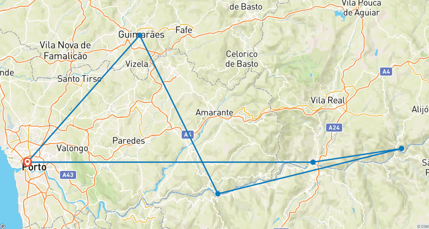 Mapa do percurso de Porto e o Vale do Douro (cruzeiro de porto a porto)