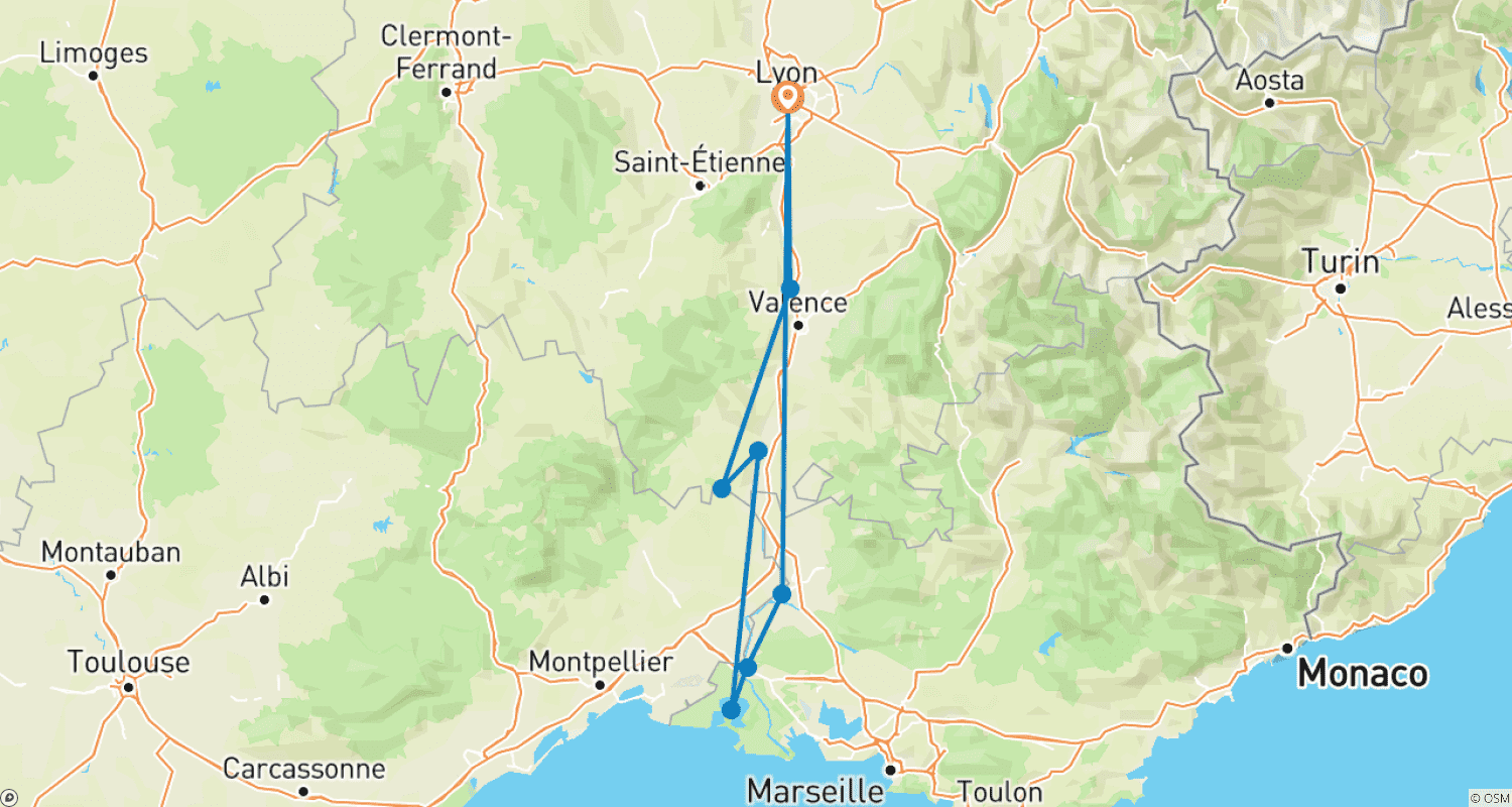 Mapa do percurso de Todos os locais imperdíveis no Ródano entre Lyon, Provença e Camargue com um jantar no Restaurante Abbaye de Collonges de Paul Bocuse OFERECIDO (8 destinos)