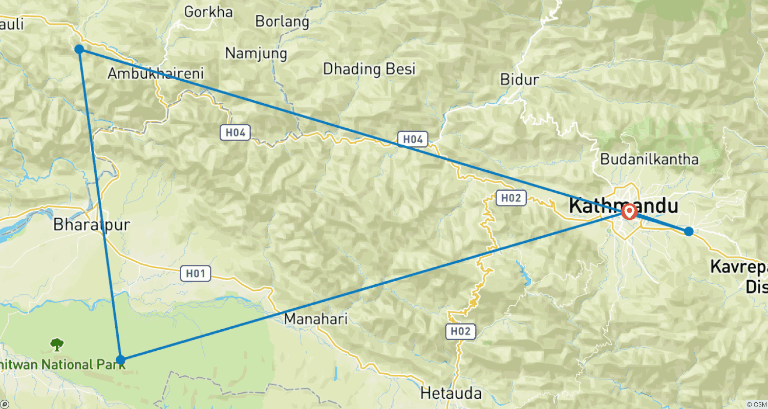 Mapa do percurso de Tour Descubra o Nepal