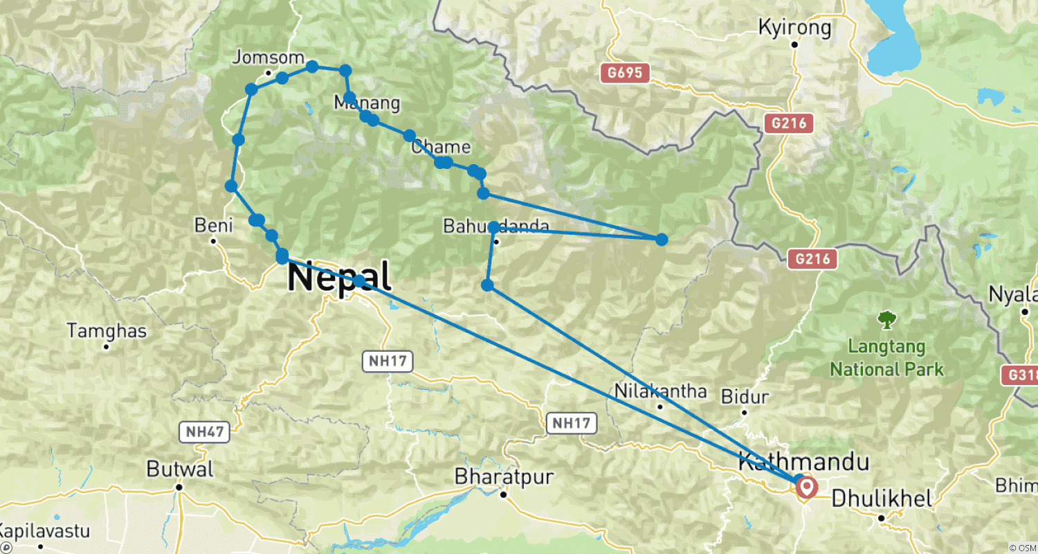 Mapa trasy: Annapurna Circuit Trek - 15 Days
