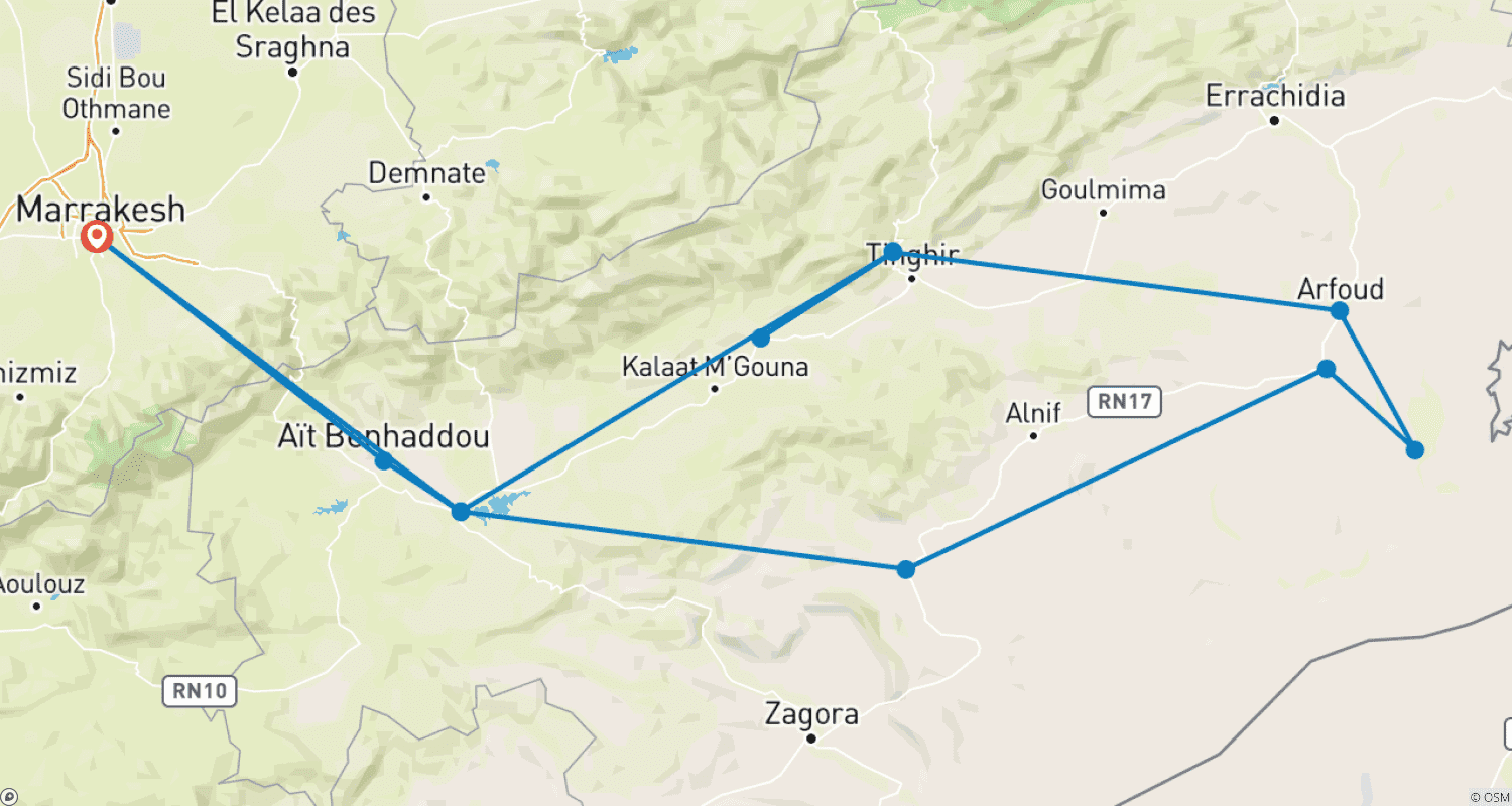 Mapa do percurso de 3 DIAS NO DESERTO DE MERZOUGA A PARTIR DE MARRAQUEXE
