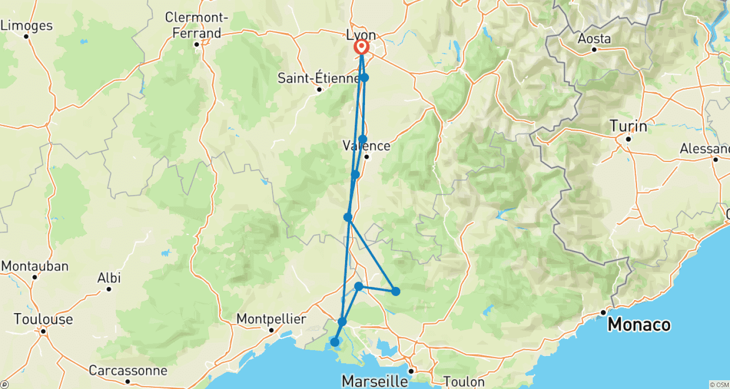 Mapa do percurso de Todos os locais imperdíveis no Ródano entre Lyon, Provença e Camargue com jantar opcional no Paul Bocuse (incluindo Vienne)