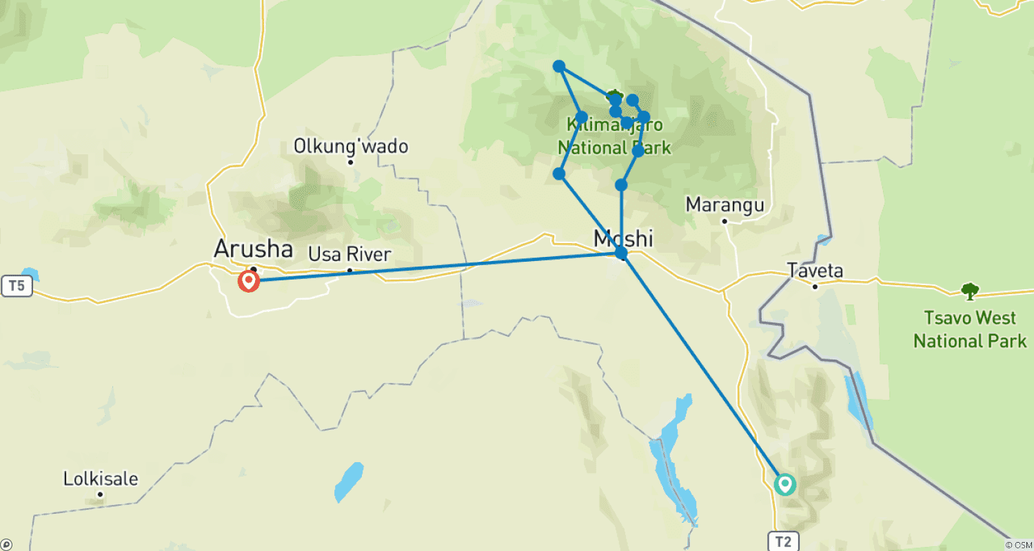 Mapa do percurso de Caminhada de 7 Dias pela Rota Machame