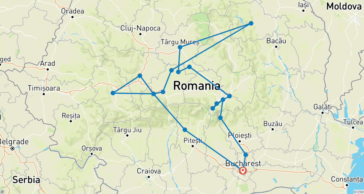 Mapa do percurso de Tour Privado de 6 Dias do Drácula na Transilvânia saindo de Bucareste com Busca/Entrega no Hotel