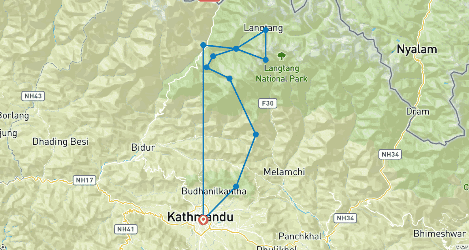 Mapa do percurso de Trilho Cultural de Langtang