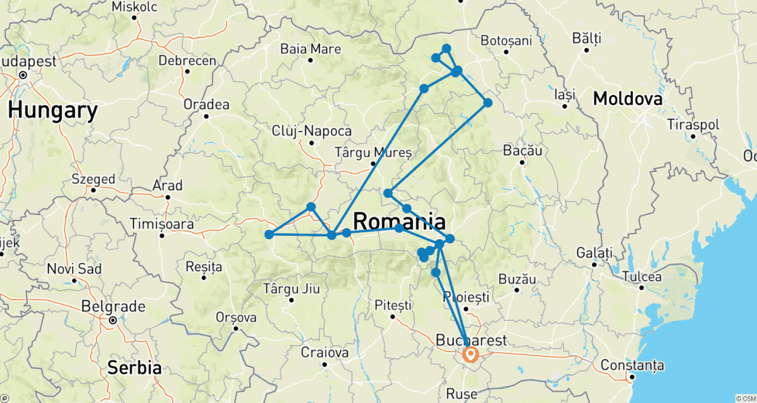 Mapa do percurso de Tour Privado de 9 Dias pela Transilvânia e Bucovina na Romênia Histórica com Embarque/Desembarque no Hotel