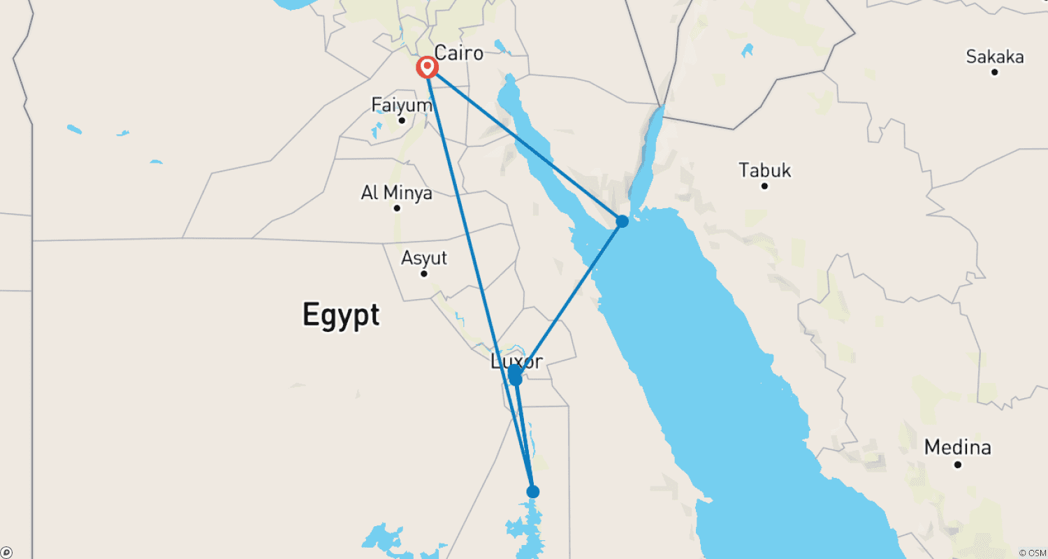 Mapa do percurso de 10 Dias Cairo, Assuã e Luxor com Férias em Sharm el Sheikh (Visita ao Museu GEM)