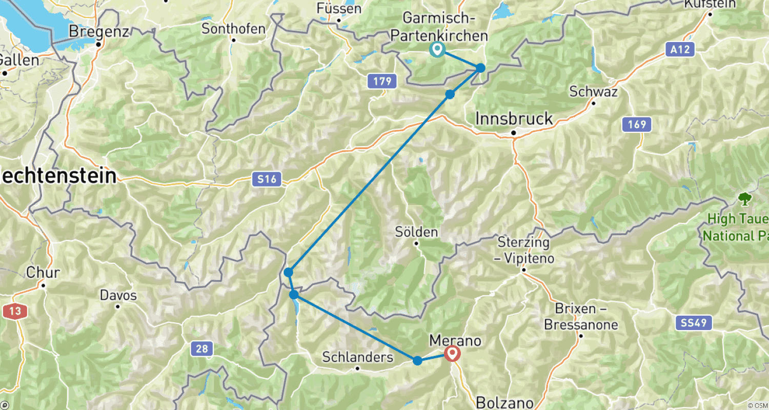 ガルミッシュからメラーノへ、魅力あふれる旅のルートマップ