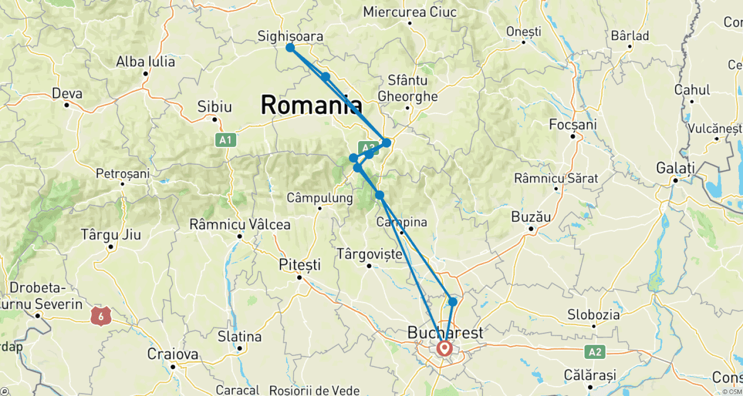 Mapa do percurso de Excursão Privada de 4 Dias 'O Melhor da Transilvânia' saindo de Bucareste com Busca no Aeroporto