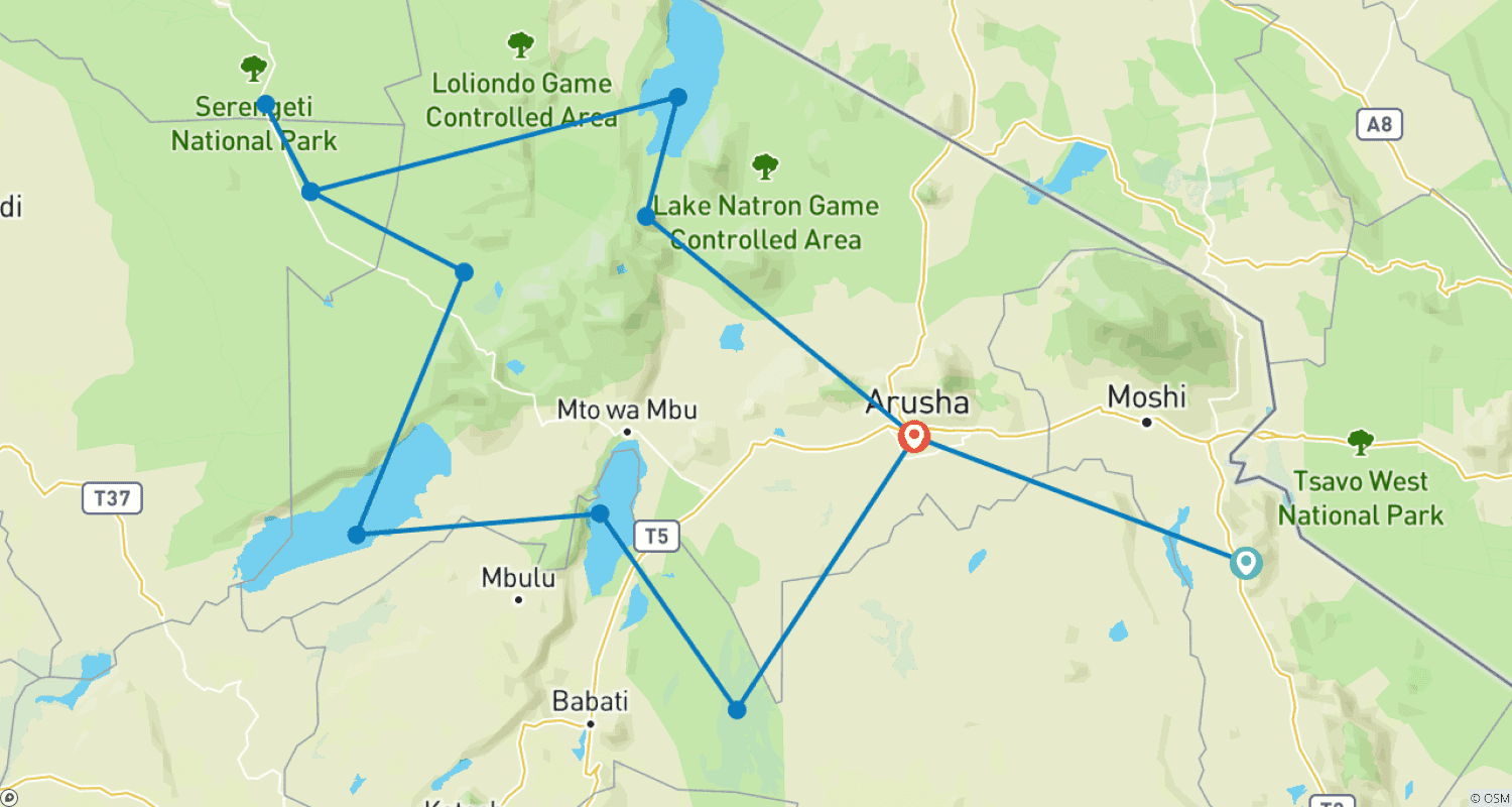 Mapa trasy: 8-dniowe safari w Tanzanii z kulturowymi doświadczeniami