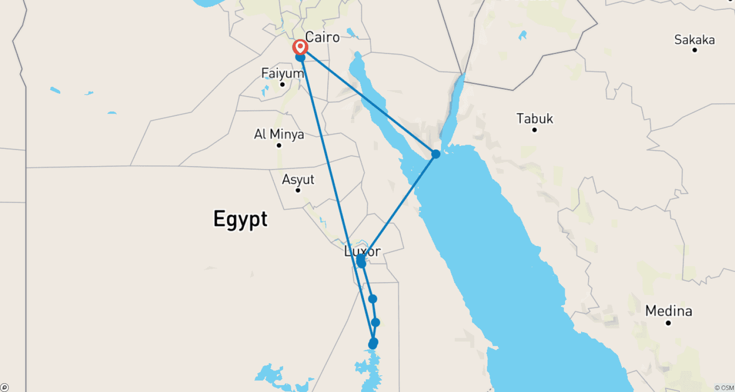 خريطة مسار 11 يوم القاهرة، رحلة نيلية وشرم الشيخ بالقطار النائم (9 وجهات) (زيارة متحف GEM)