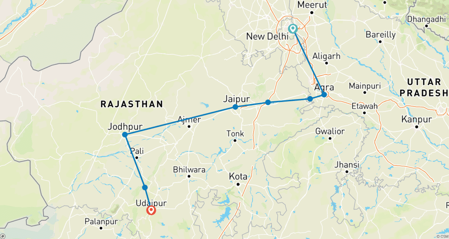 Mapa do percurso de Excursão de 9 Dias ao Triângulo Dourado com Jodhpur e Udaipur (Taj Mahal ao nascer/pôr do sol) - Excursão Delhi Agra Jaipur Jodhpur Udaipur