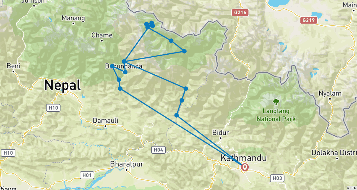 Mapa trasy: Manaslu Circuit Trekking 14 -Days