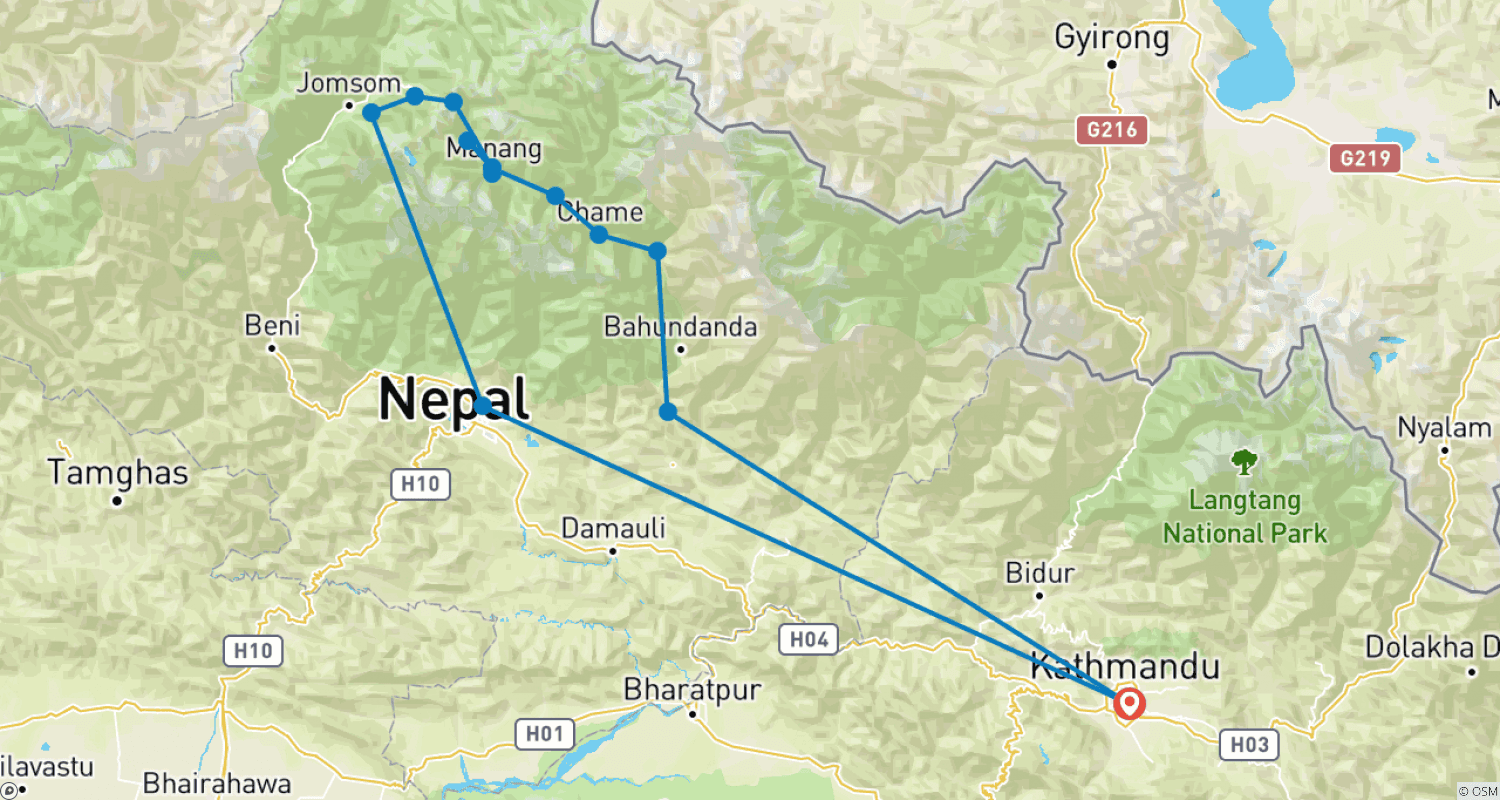 Mapa do percurso de Trekking do Circuito de Annapurna via Lago Tilicho - 15 Dias