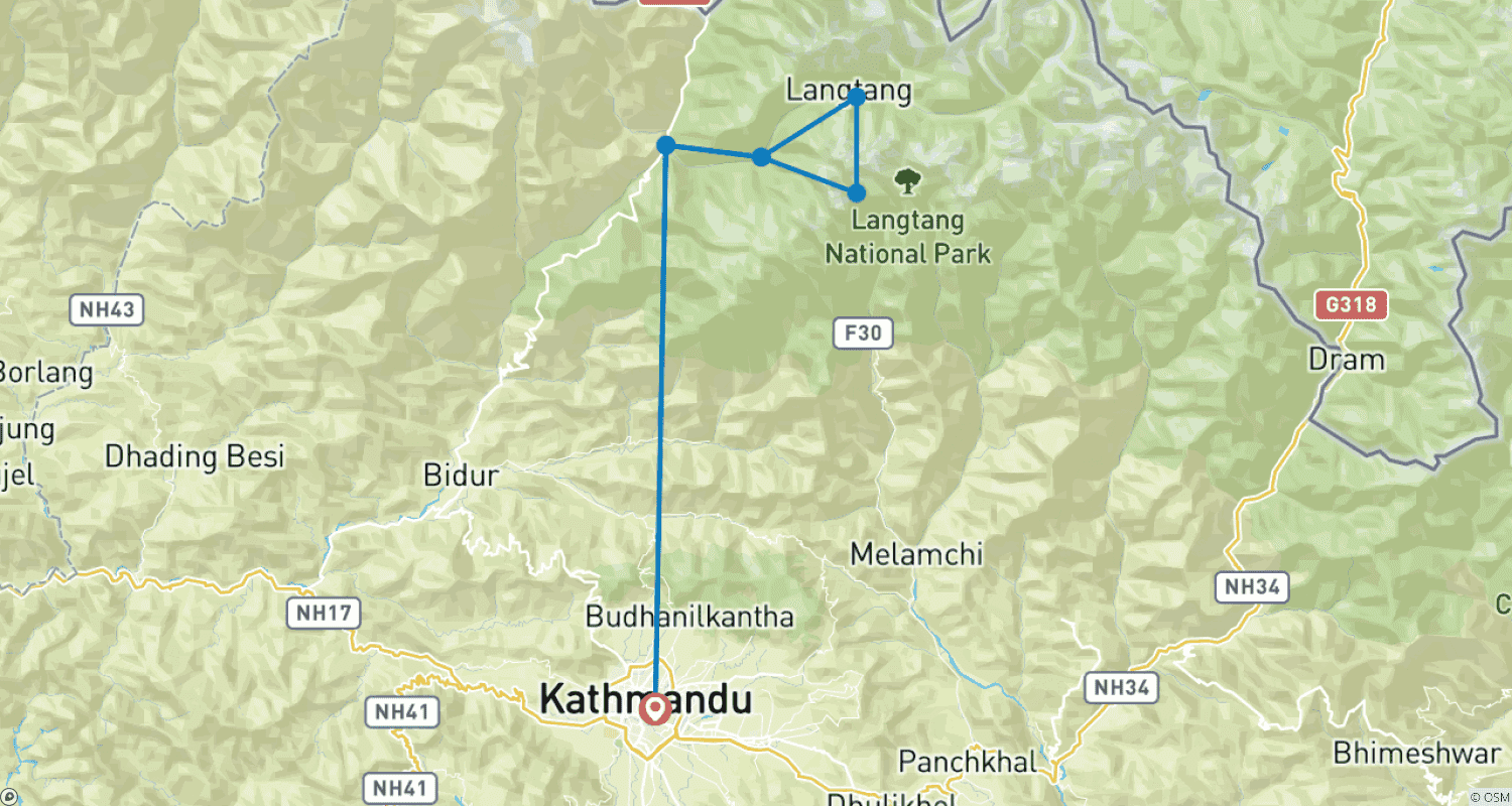 Langtang Valley トレッキングのルートマップ