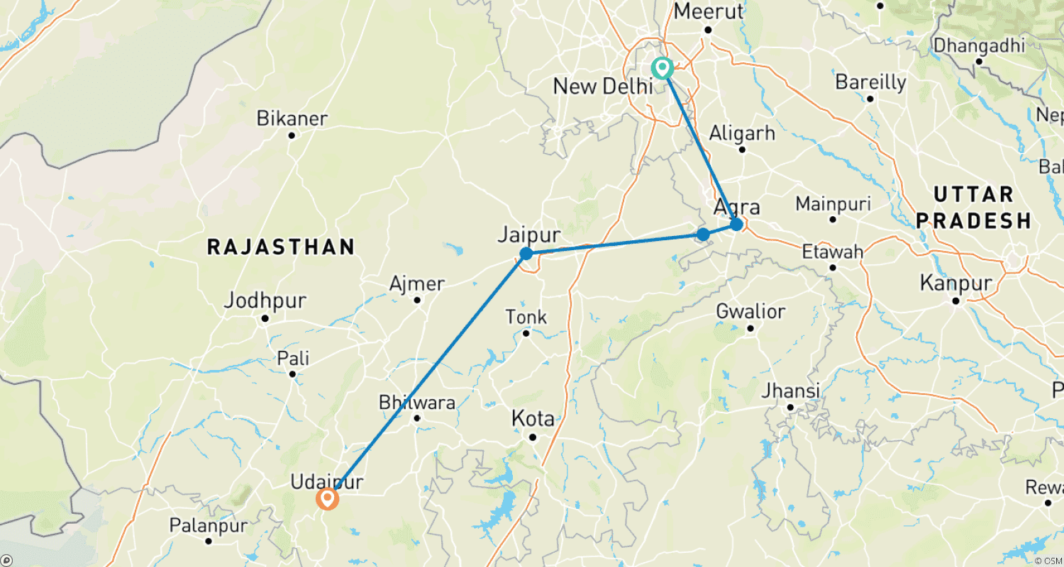 7 Day Golden Triangle Tour with Udaipur - Delhi Agra Jaipur Udaipur Tourのルートマップ