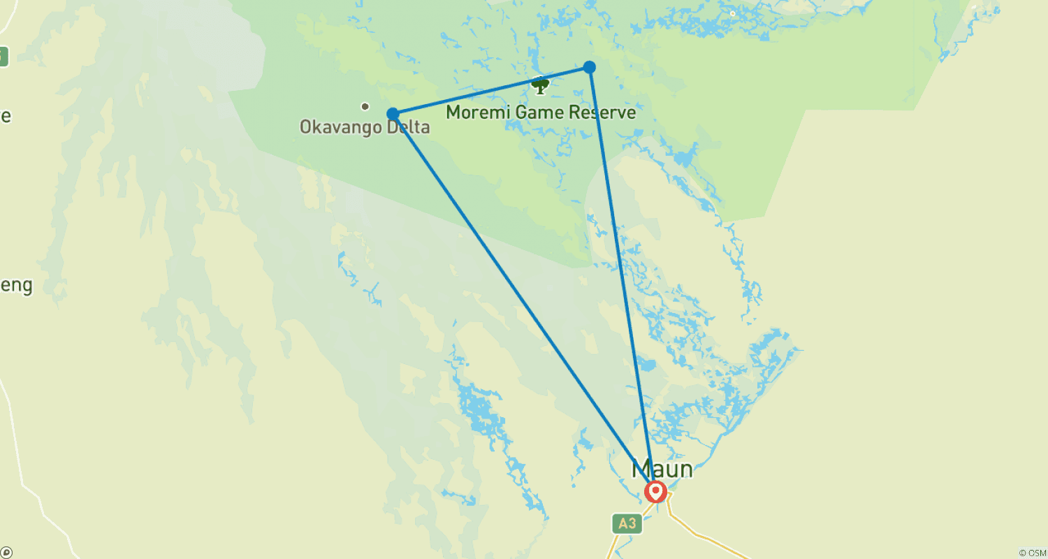 Mapa do percurso de Safári de Hipopótamos em Moremi