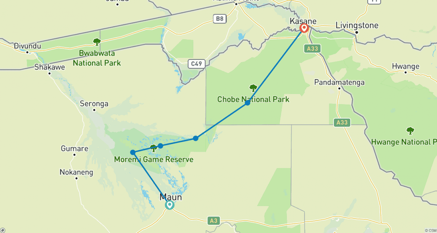 Mapa do percurso de Safári Fotográfico na Reserva Moremi e Parque Nacional Chobe