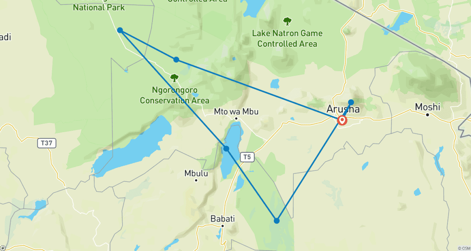 Mapa do percurso de 7 Dias de Safári na Tanzânia com Tour Cultural