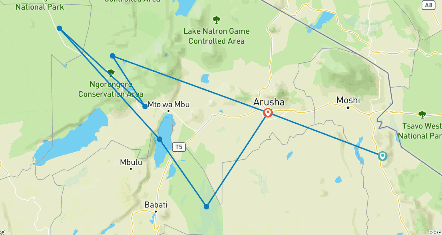 Mapa do percurso de Safari de 6 dias - Migração da Vida Selvagem para o Norte (somente de julho a outubro)