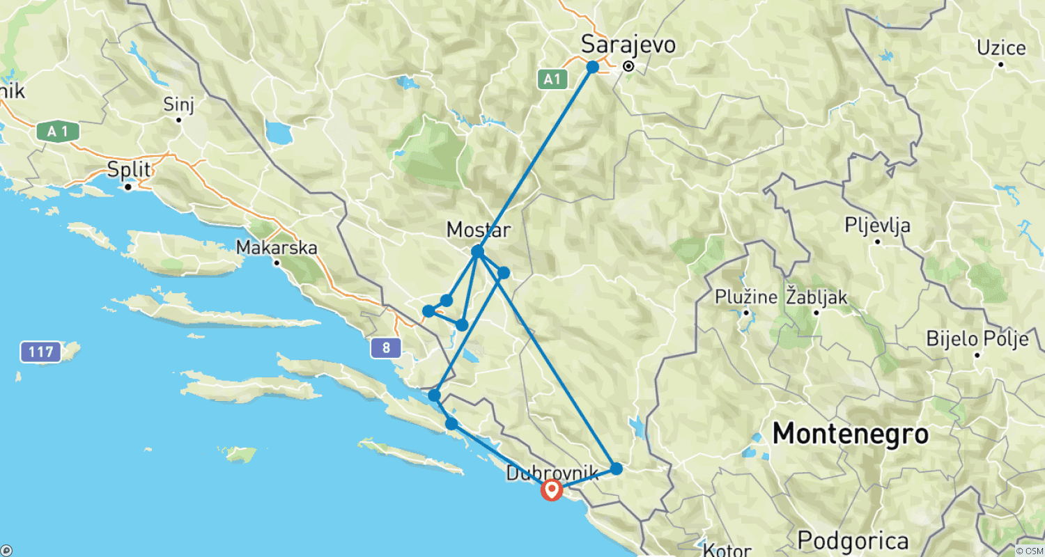 Mapa trasy: Z Dubrownika do Bośni: 7-dniowa podróż odkrywcza