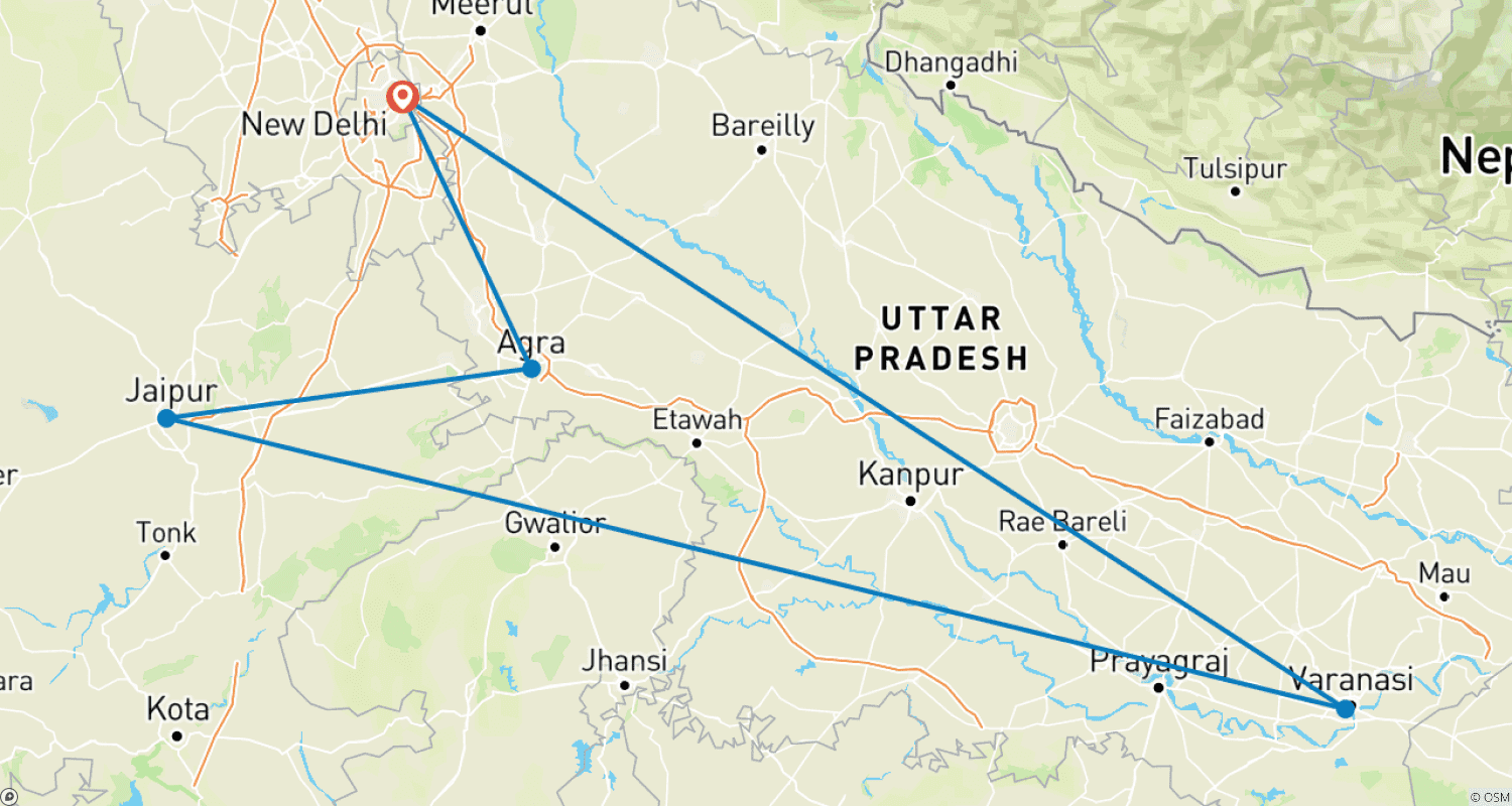Mapa trasy: Wycieczka Złoty Trójkąt z Varanasi – Hotele 3-gwiazdkowe