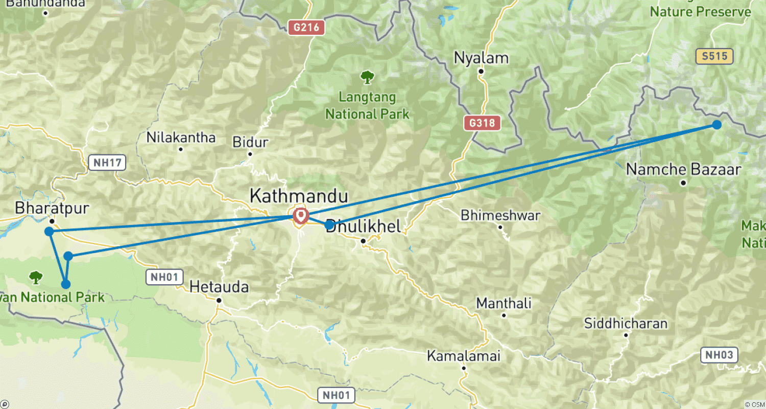 Mapa do percurso de Passeio de Helicóptero ao Everest com Safari na Selva Royal Chitwan