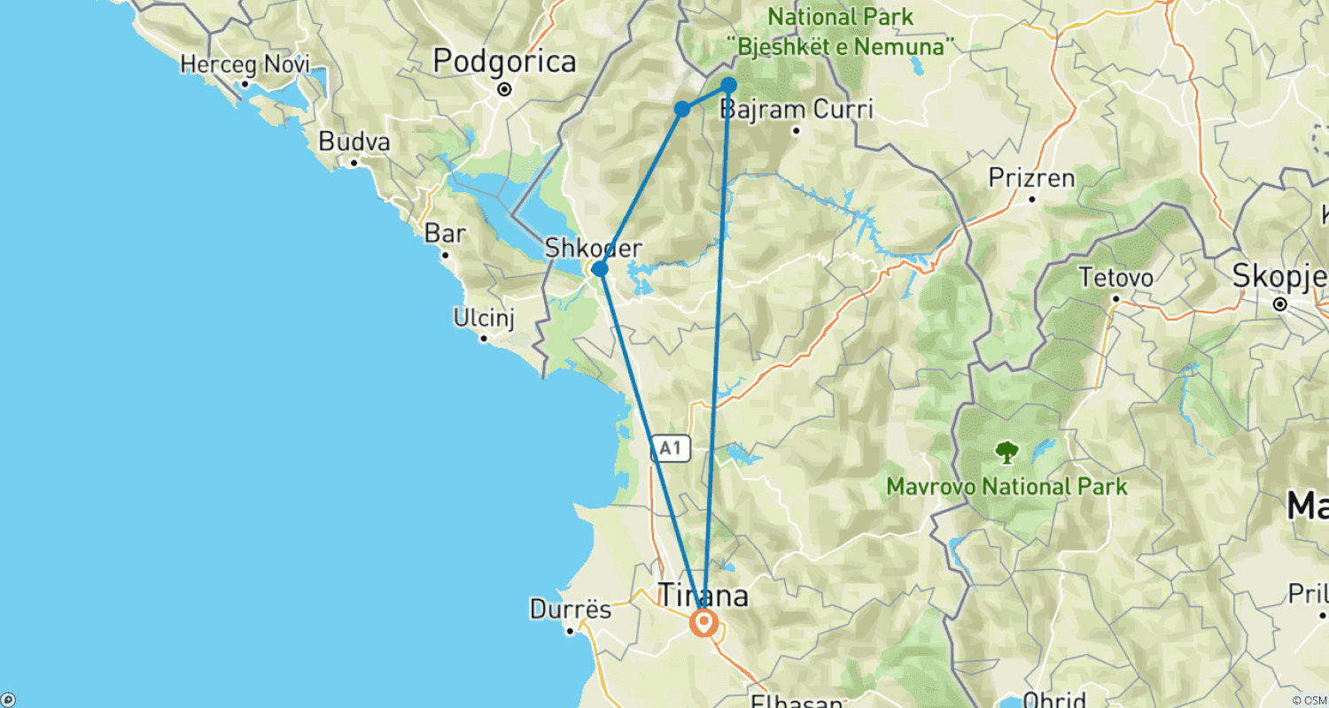 Mapa do percurso de Alpes Albaneses: Caminhada de Valbona a Theth em 3 Dias