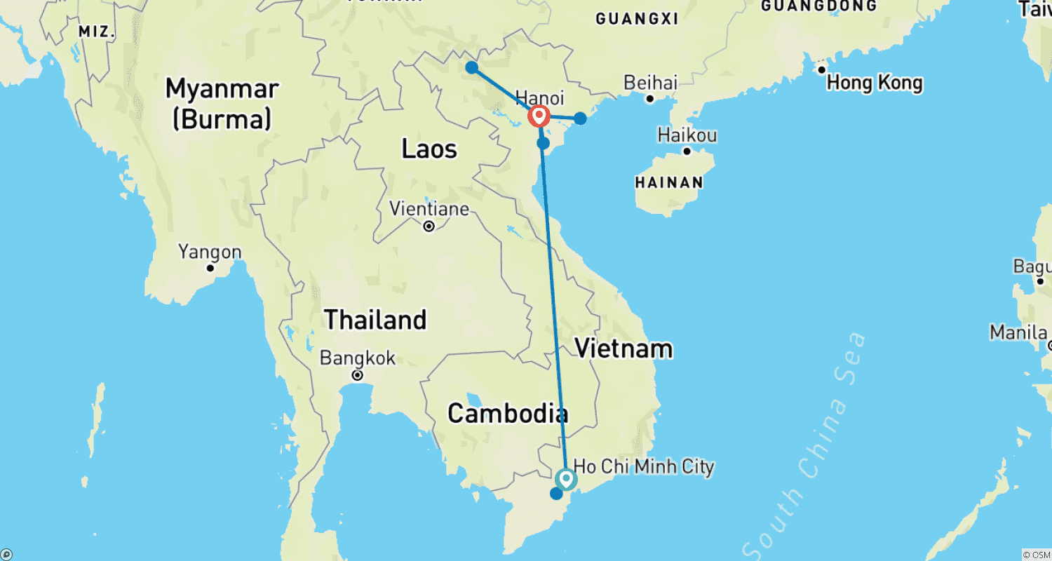 Mapa trasy: Ho Chi Minh i Hanoi w Wietnamie 10 dni 9 nocy