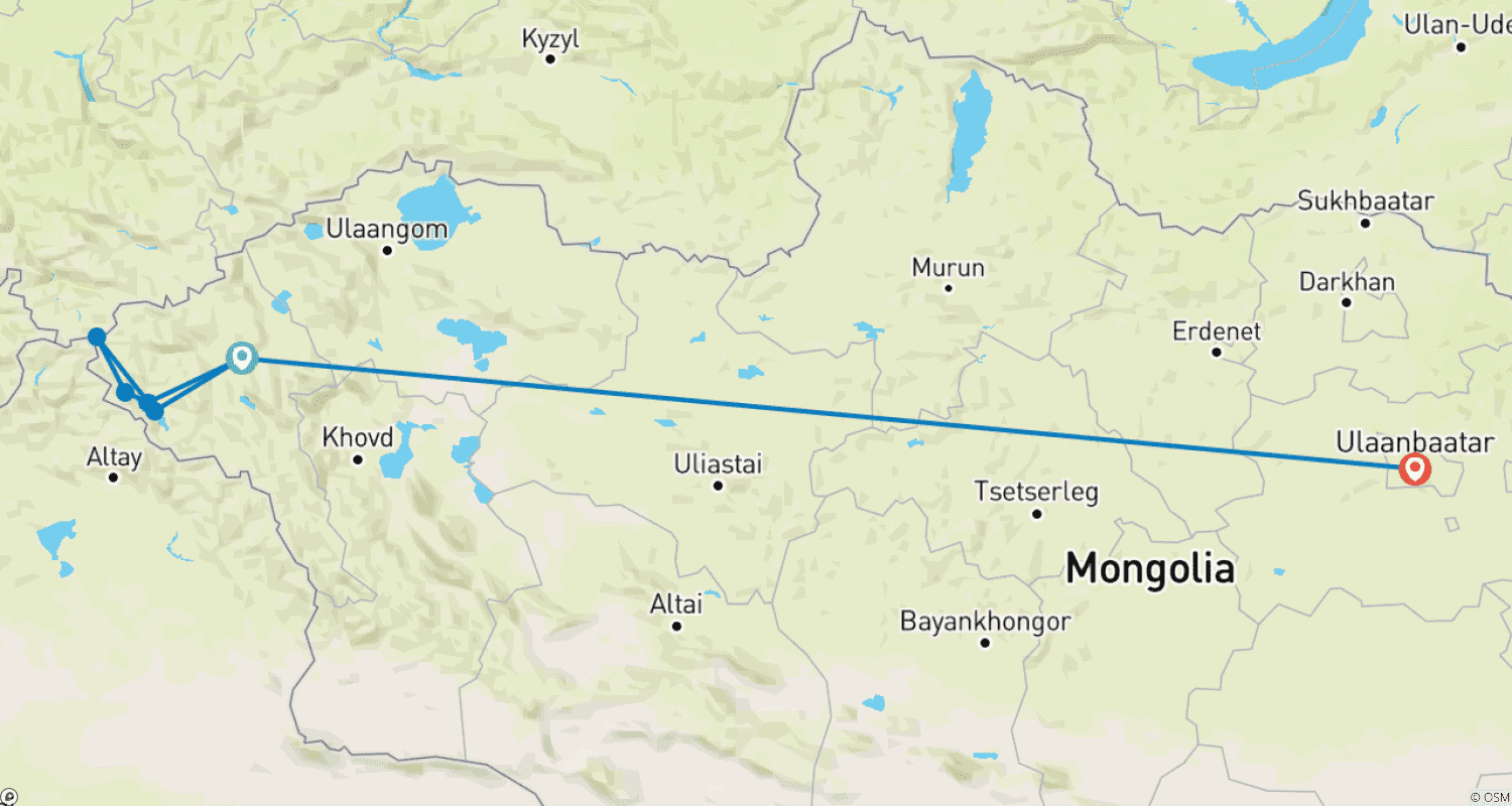 Mapa do percurso de Excursão Clássica Altai Tavan Bogd, 8 dias