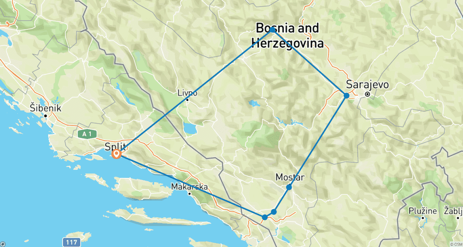 スプリット発、ボスニア4日間のロードトリップ。有名なKravica、Medjugorje、モスタル、サラエボ、Travnikを訪れます。のルートマップ
