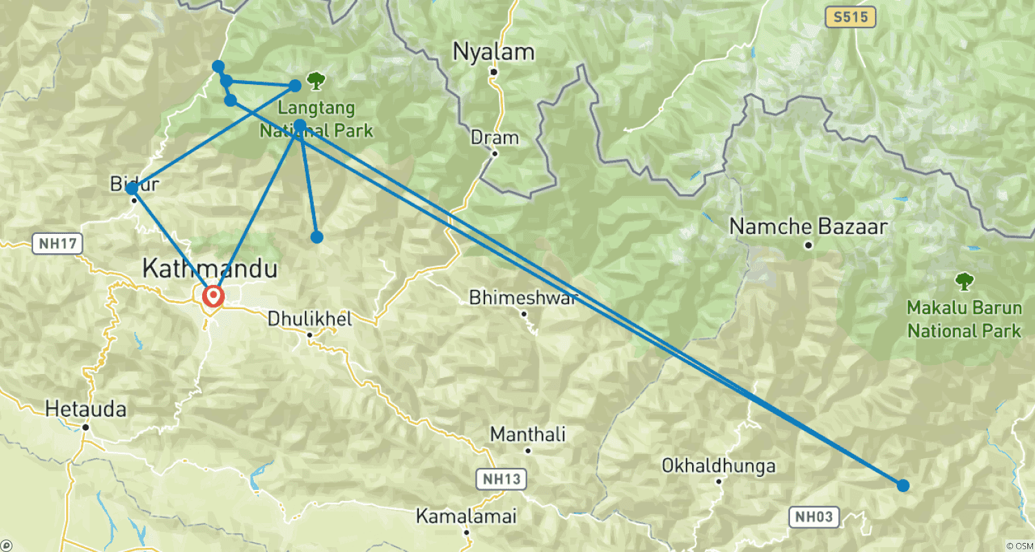 Mapa do percurso de Caminhada pelo Vale de Langtang e Patrimônio Tamang