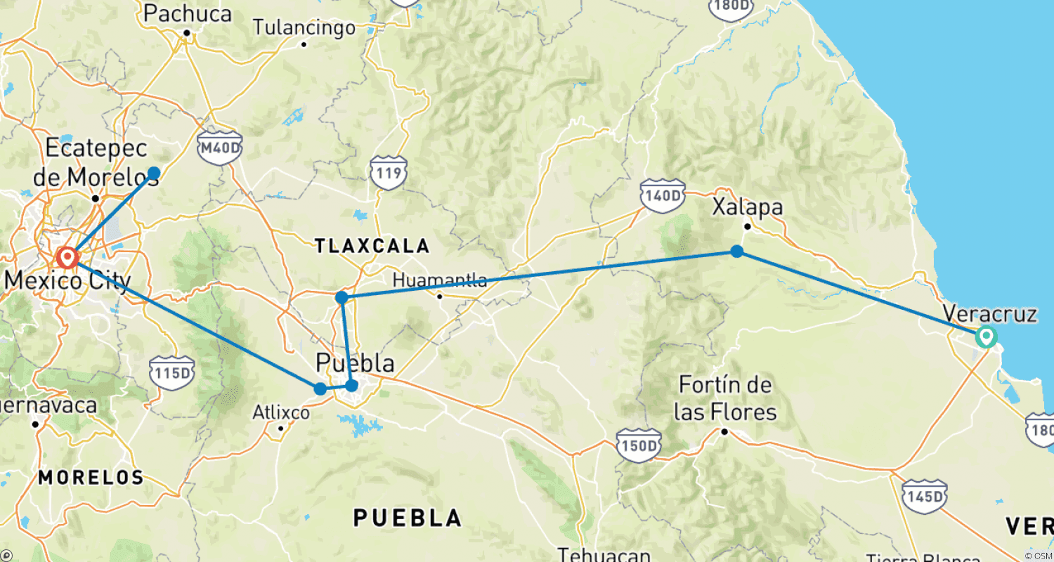 Mapa do percurso de Tour - Rota de Hernán Cortés perto dos 500 anos da Nova Espanha (de Veracruz à Cidade do México)