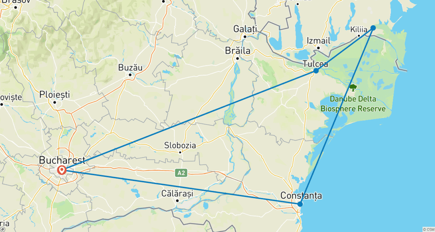 Mapa do percurso de Excursão ao Delta do Danúbio saindo de Bucareste