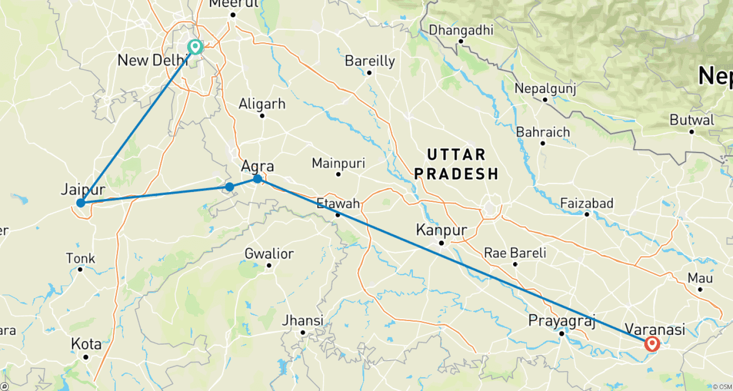 Mapa do percurso de Excursão Triângulo Dourado com Varanasi e Nascer do Sol no Taj Mahal
