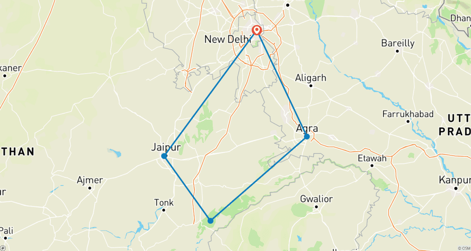 Mapa do percurso de Tour do Triângulo Dourado com Ranthambore e Hotéis 5 Estrelas