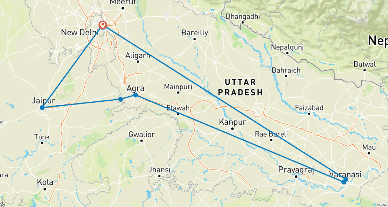 Mapa do percurso de 10 Dias - Tour Triângulo Dourado com Varanasi com premium 3 estrelas