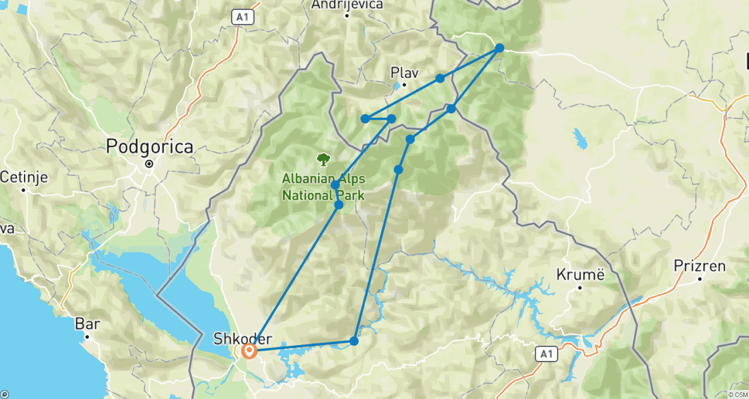 Mapa trasy: Peaks of the Balkans - Hiking Beyond Borders in Albania, Kosvovo & Montenegro (12 Days)