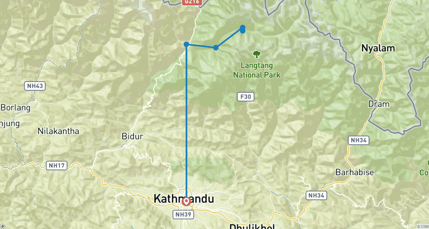 Langtang Trekのルートマップ