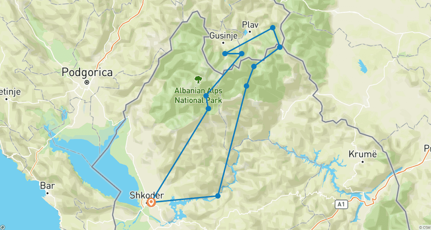Mapa trasy: Szczyty Bałkanów – wędrówka poza granice w Albanii i Czarnogórze (8 dni)