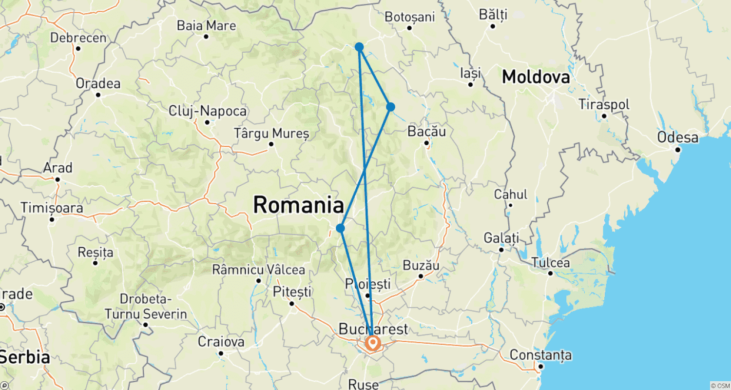 Mapa trasy: 3-dniowa wycieczka w małej grupie: Monastyry Bukowiny, Wąwóz Bicaz i Braszów (Siedmiogród)