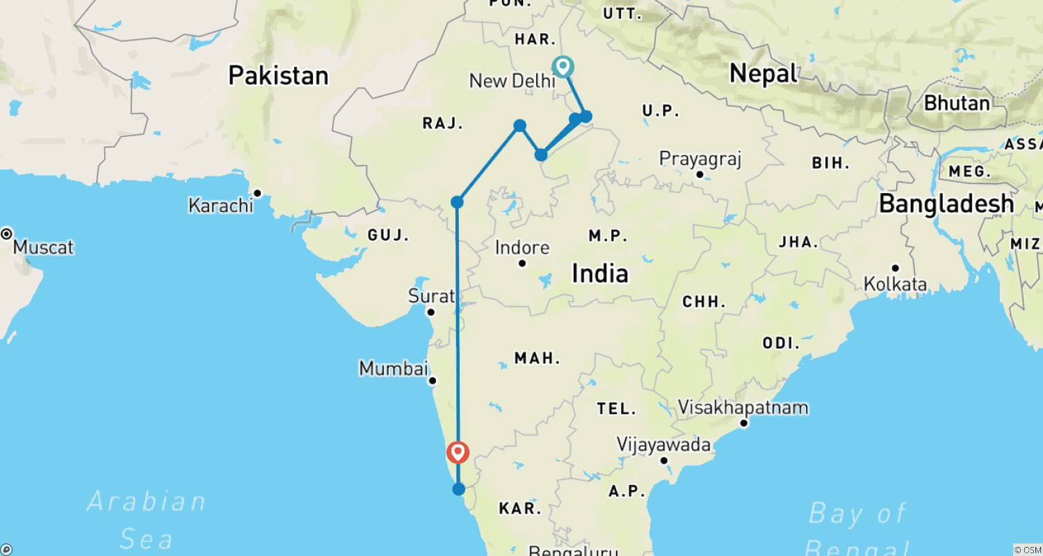 Mapa do percurso de 13 Nights / 14 Days - Rajasthan Tour with Goa Beaches