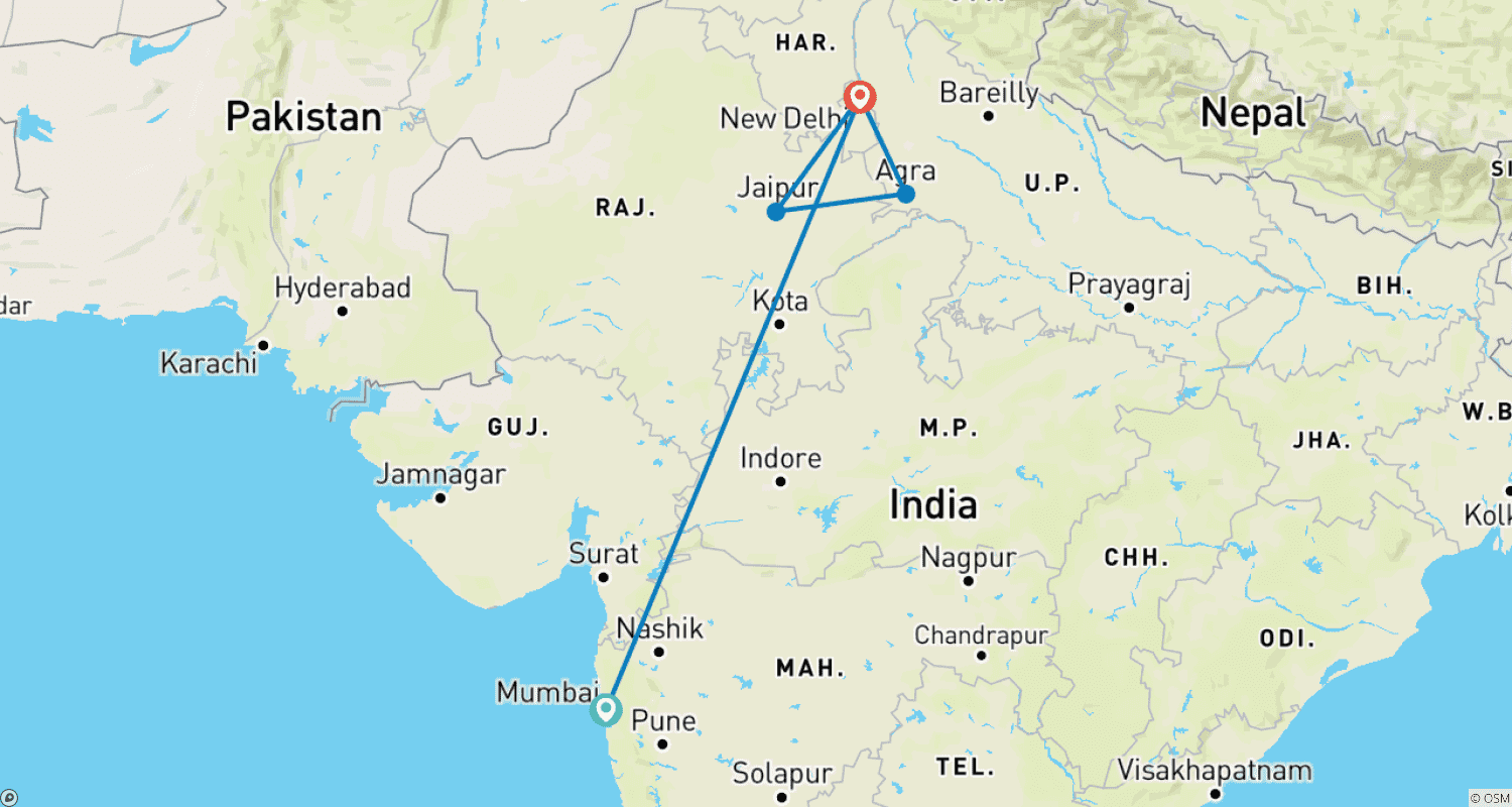 Mapa do percurso de Essência do Triângulo Dourado com Excursão Slumdog Millionaire