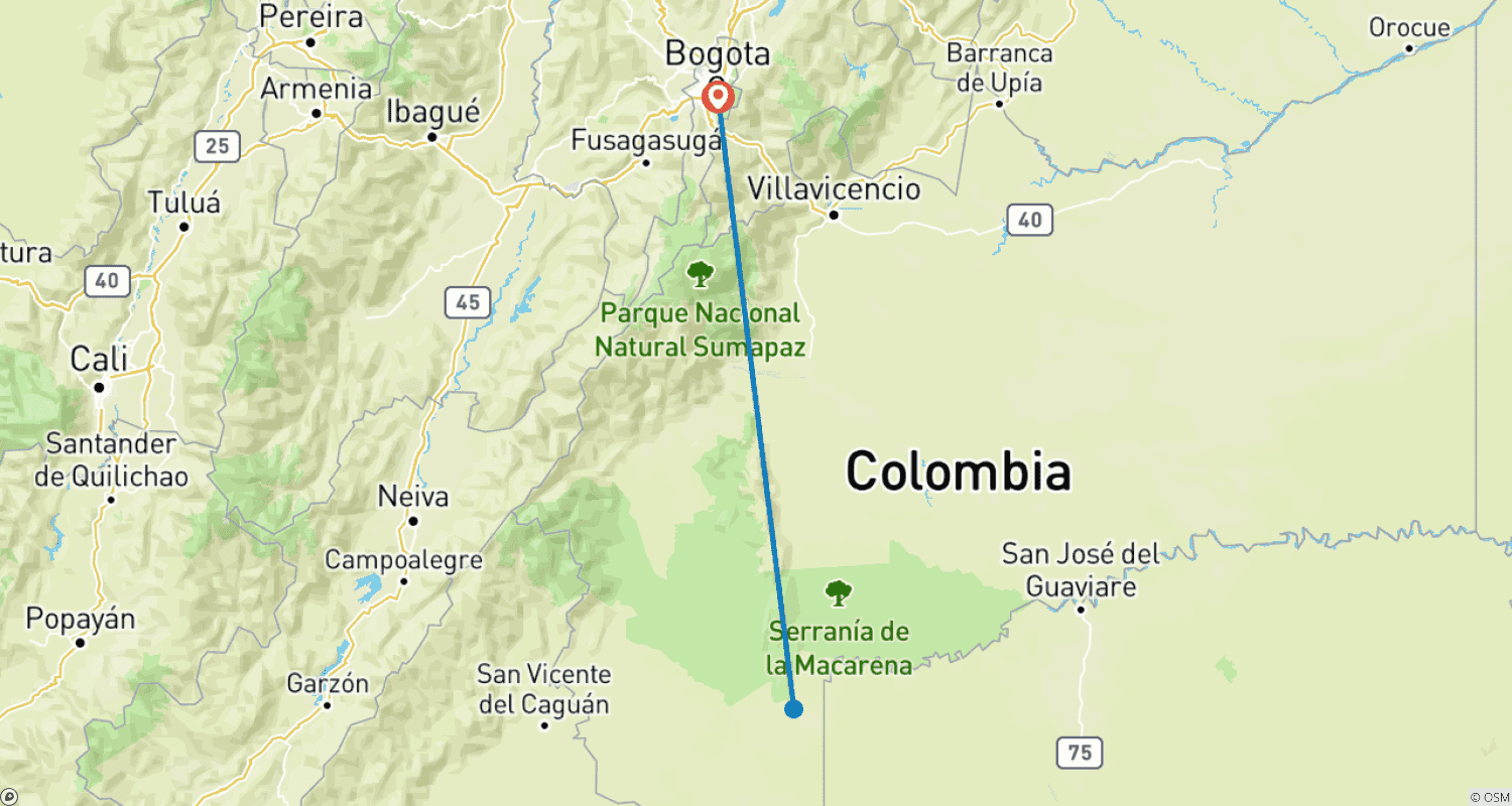 Mapa do percurso de 3 Dias Caño Cristales (Rio Arco-Íris) de Bogotá