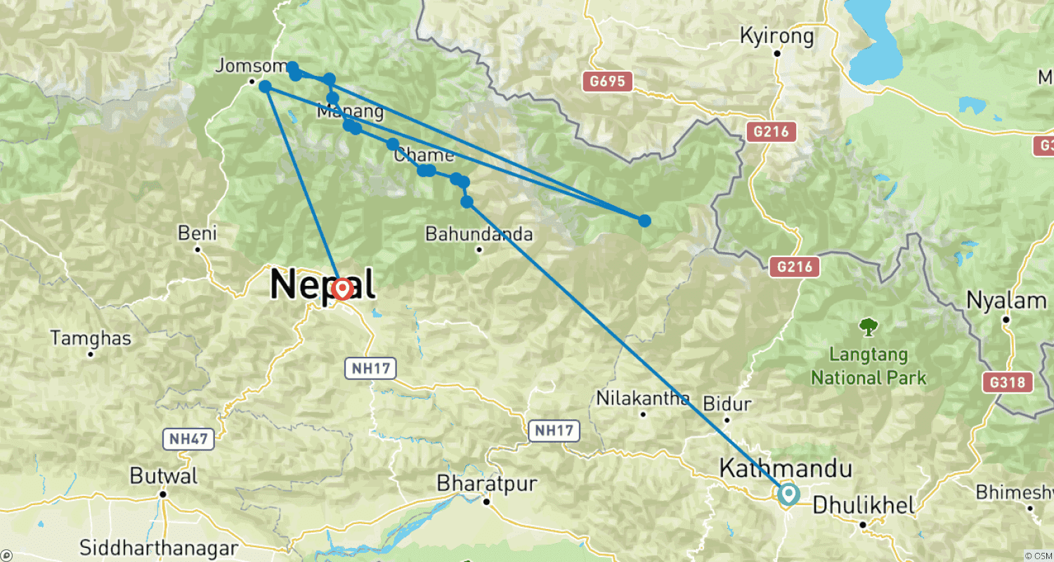Mapa do percurso de Trilho do Circuito de Annapurna
