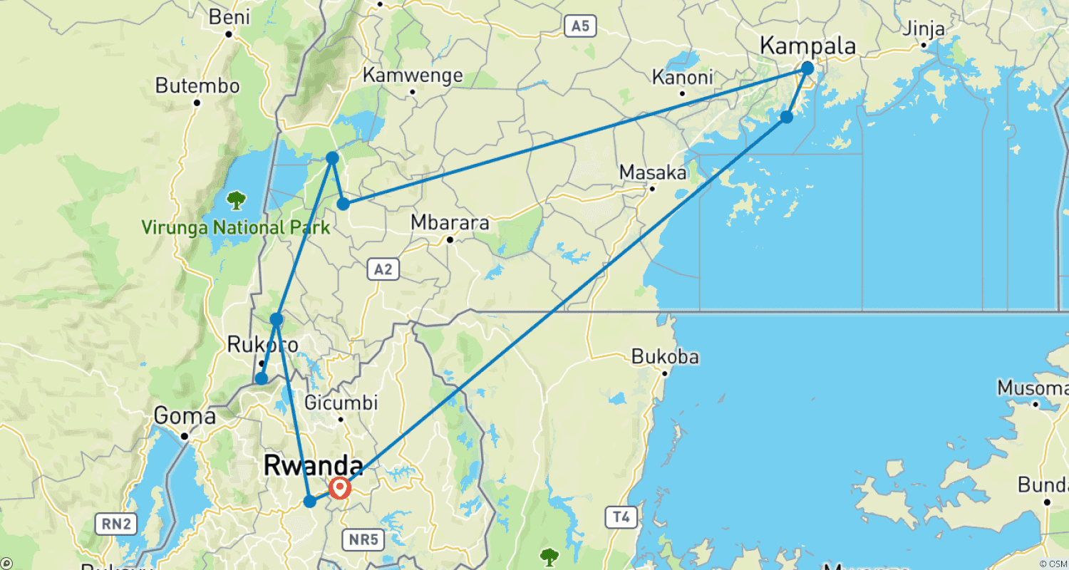 Mapa do percurso de 4 Dias Gorilas, Vida Selvagem e Caminhada com Chimpanzés na Floresta Kalinzu