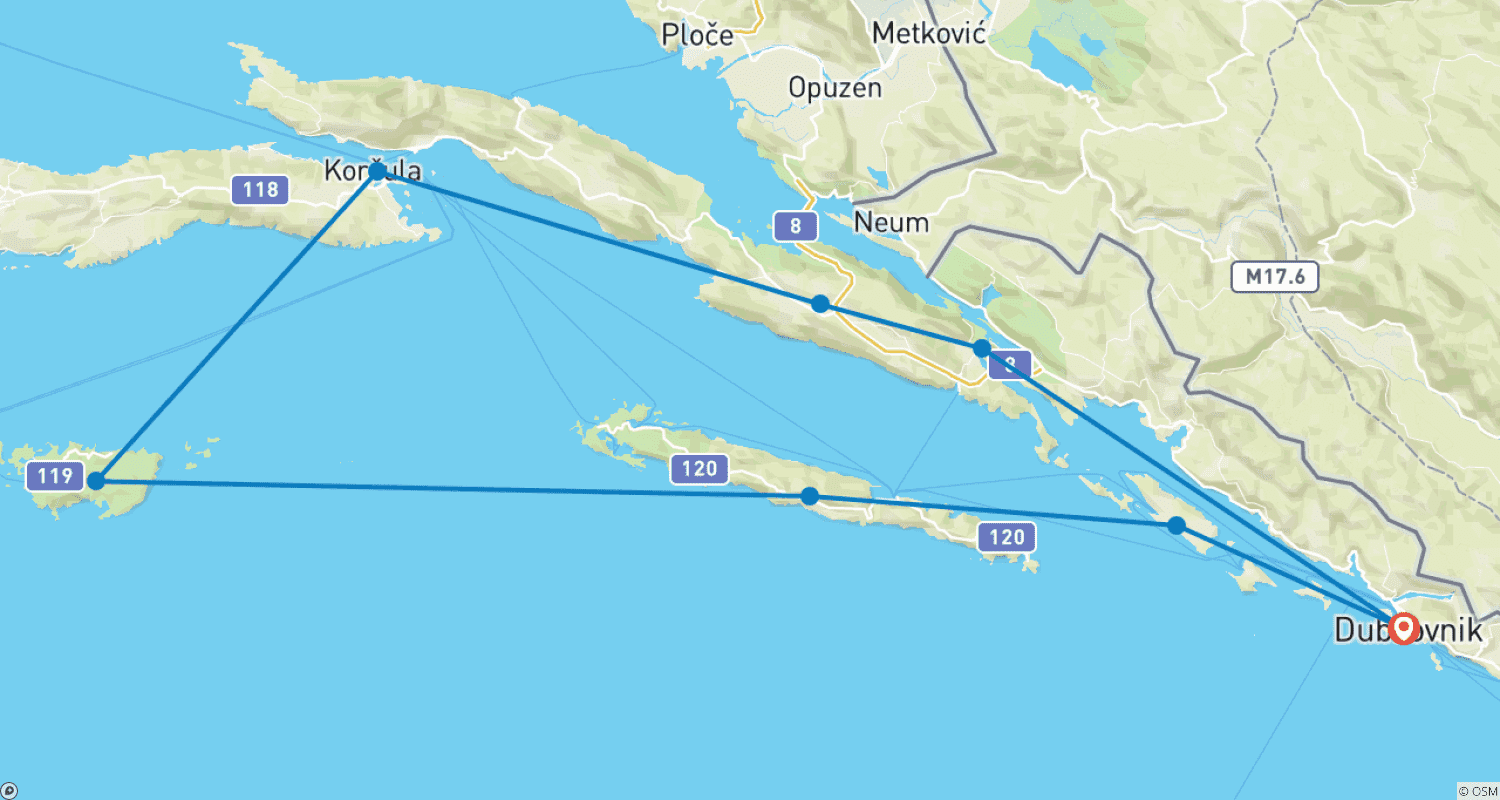 Mapa do percurso de Tour Privado: Aventura de Vela em Mar Aberto a partir de Dubrovnik