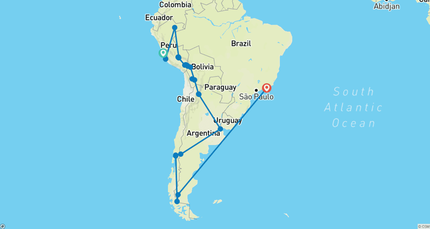 35 days in South America: Perú, Bolivia, Argentina, Chile & Brazilのルートマップ
