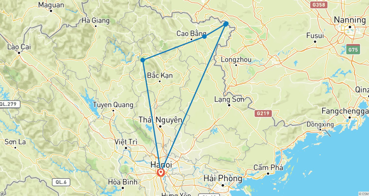 Mapa trasy: 6-dniowa wyprawa poza utartymi szlakami do Północnego Wietnamu: Jezioro Ba Be - Trekking do wodospadu Ban Gioc